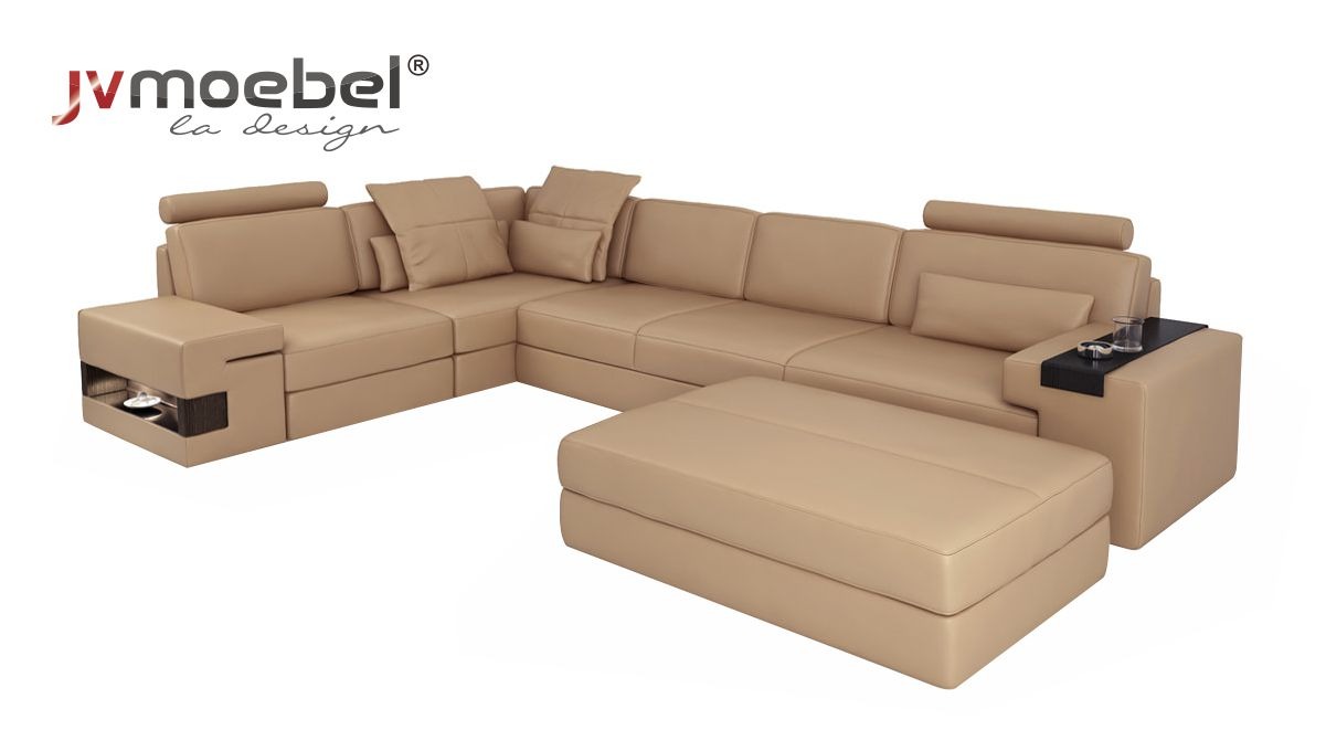 Modernes Design Leder Ecksofa mit Hocker Polstermöbel Wohnzimmer L-Form NEU