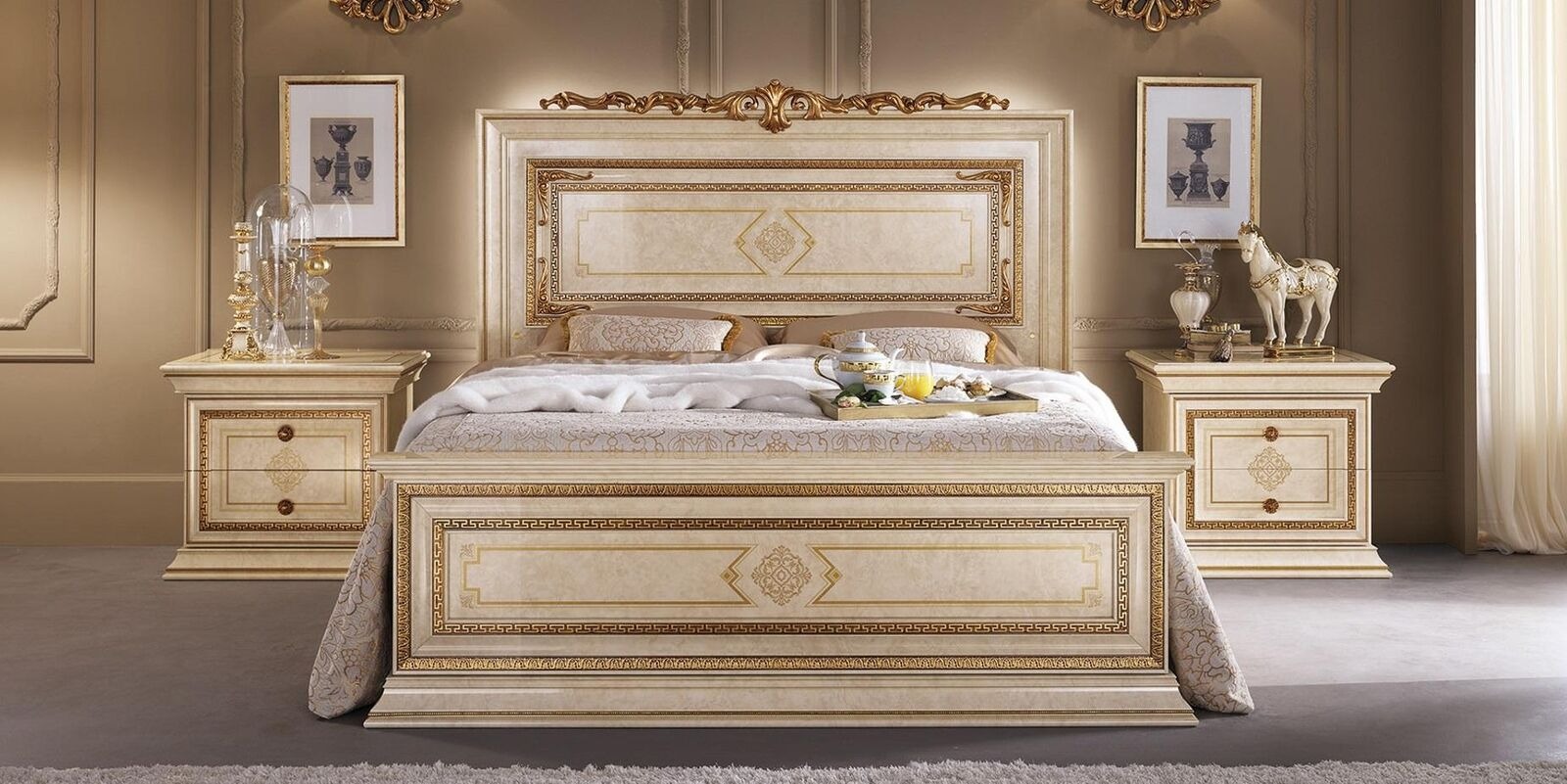 Bett 2x Nachttische 3tlg. Italienische Möbel Schlafzimmer Betten Holz Neu Set