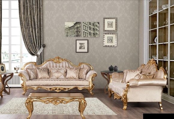 Set Dreibettsofa Sofagarnitur 3+3 Sitzer Garnitur Sofa Sofas Stoff Stil Barock