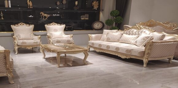 Sofagarnitur 3+1+1 Sitzer Couchtisch Sofa Sessel Sofas Garnitur Set Gold Stil