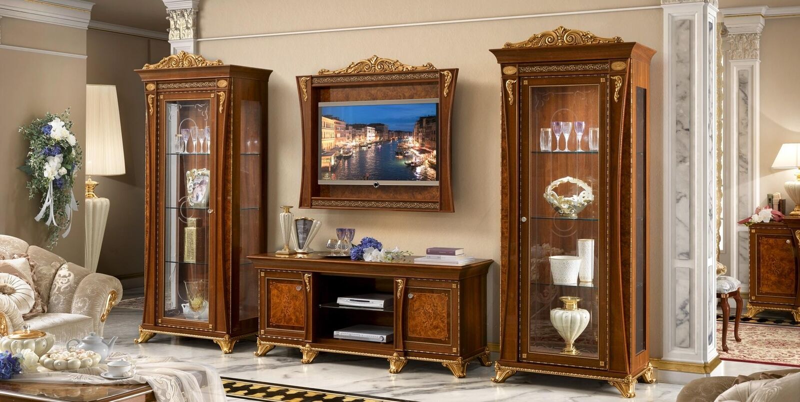 Set 4tlg. Wohnzimmer rtv 2x Vitrine tv Rahmen Holz Luxus Garnitur Gruppe Italien