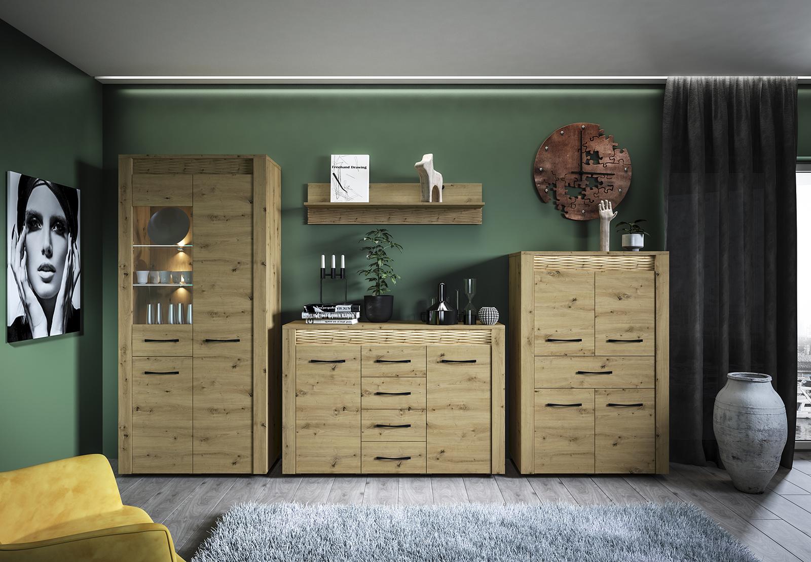 Wohnzimmer Set Vitrine 2x Kommode Wandregal Wohnwand Regal 4tlg.