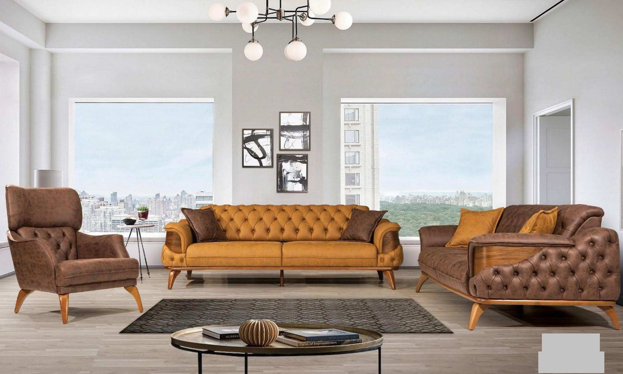 Luxus Sofagarnitur 331 Sitz Leder Chesterfield Sofa Sessel Braun Sofas Set 3tlg