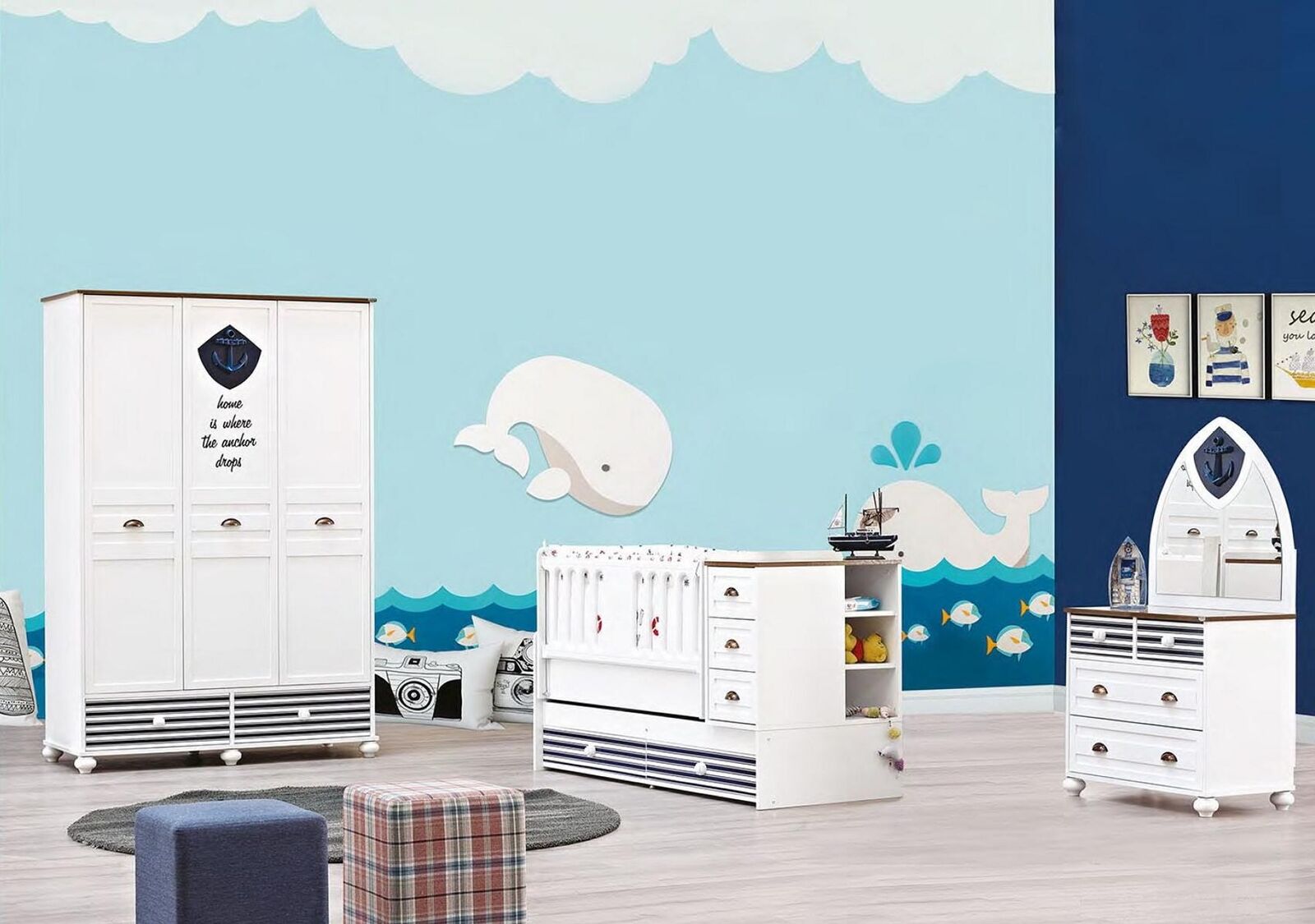 Kinderzimmer Baby Säugling Schlafzimmer Schrank Bett Kommode Spiegel Holz 3tlg