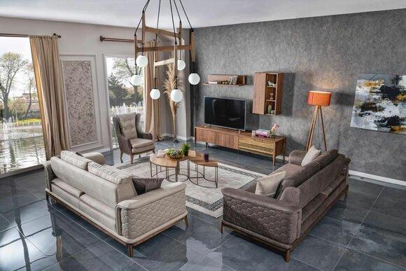 Garnitur Sofagarnitur Luxus 3+3+1 Sitzer Sofa Stoff Sessel Sofas Modern Braune