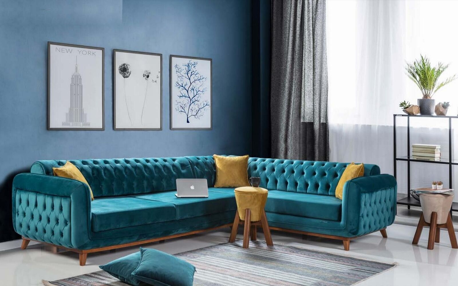 Chesterfield Ecksofa Turkis Textil Couch Stoffsofa Eckgarnitur Sofa Neu