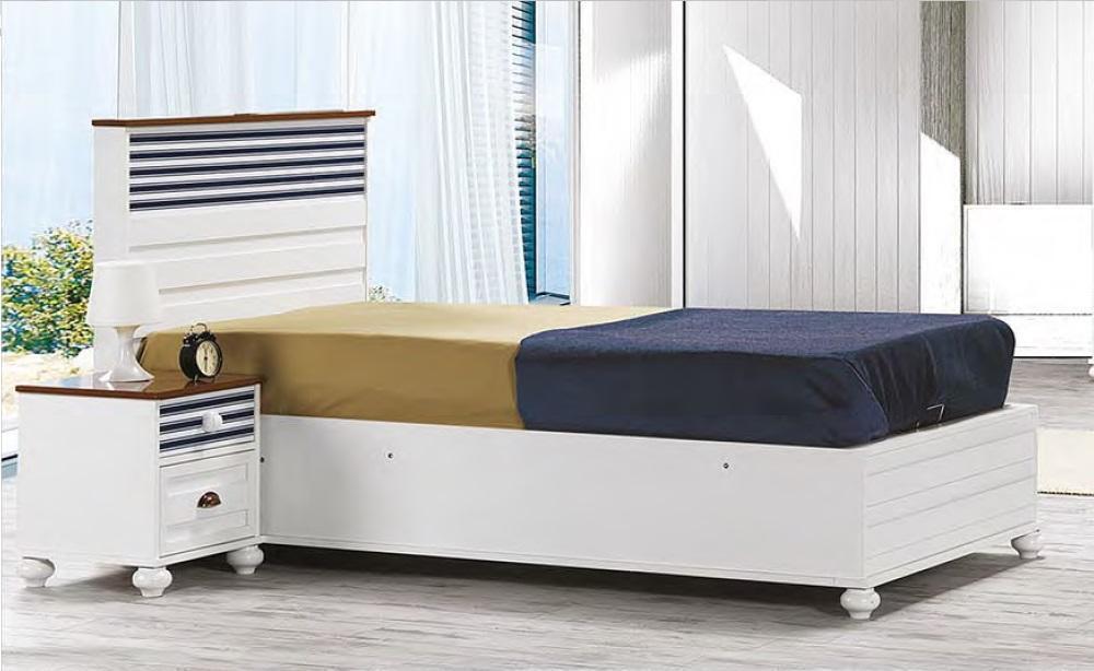 Jugendzimmer Bett Nachttisch Kinderzimmer Möbel Schlafzimmer Meer Weiß Blau 2tlg