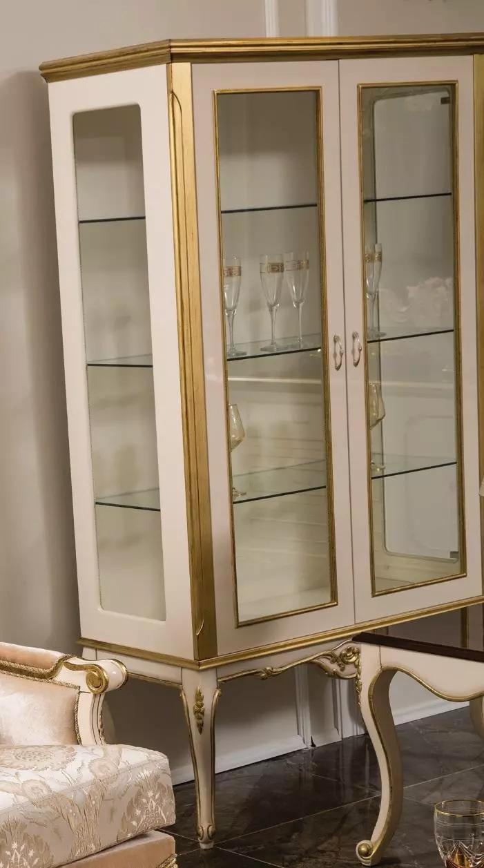 Vitrine Holz Möbel Schrank Vitrinen Barock Rokoko Gold Weiß Glasschrank