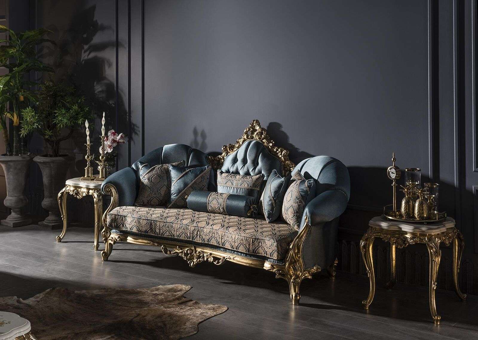 Wohnzimmer Set Blau Sofa 3 Sitzer Elegantes 2x Beistelltisch Design Neu 3tlg.