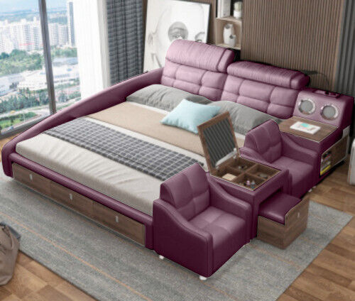 Multifunktions Bett Design Leder Betten Hotel Doppel Lila Regal 180x200cm Sofort