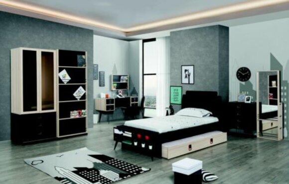 Modernes Jugendzimmer Set Bett Nachttisch Kleiderschrank Wandregal Schwarz 6tlg.