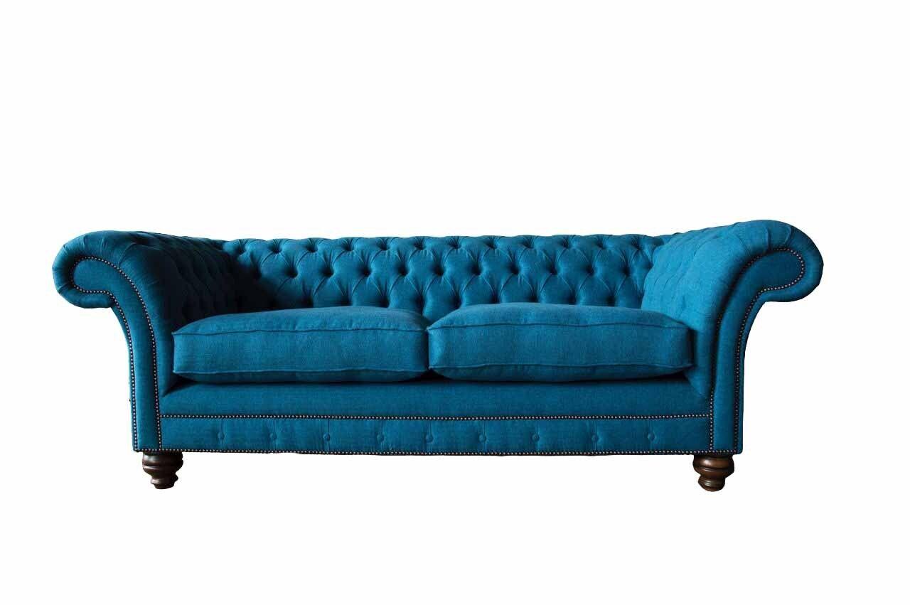 Chesterfield Sofa 3 Sitzer Couch Polster Sofas Stoff Wohnzimmer Blau Textil1