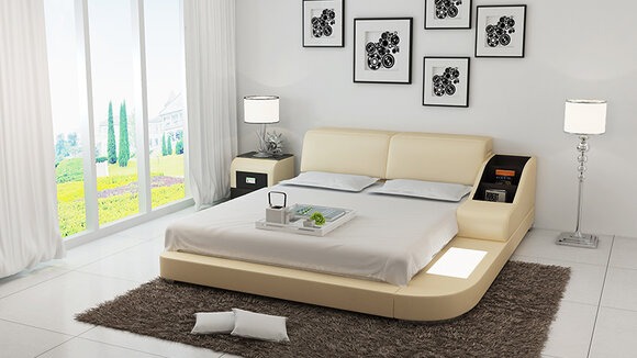 Design Bett XXL Big Betten Leder Hotel Polster 160x200cm Multifunktion Regal USB