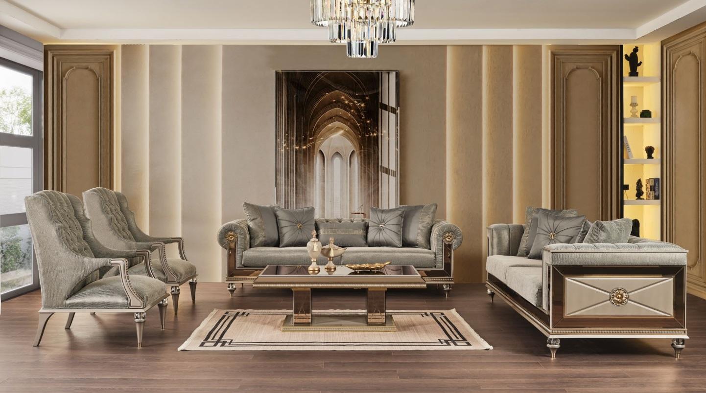 Luxus Sofagarnitur Dreisitzer Sessel Sofa Grau Stoff Stoffsofa 5tlg