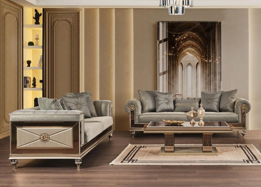 Chesterfield Sofagarnitur Dreisitzer Sitzer Grau Stoff Stoffsofa 2tlg