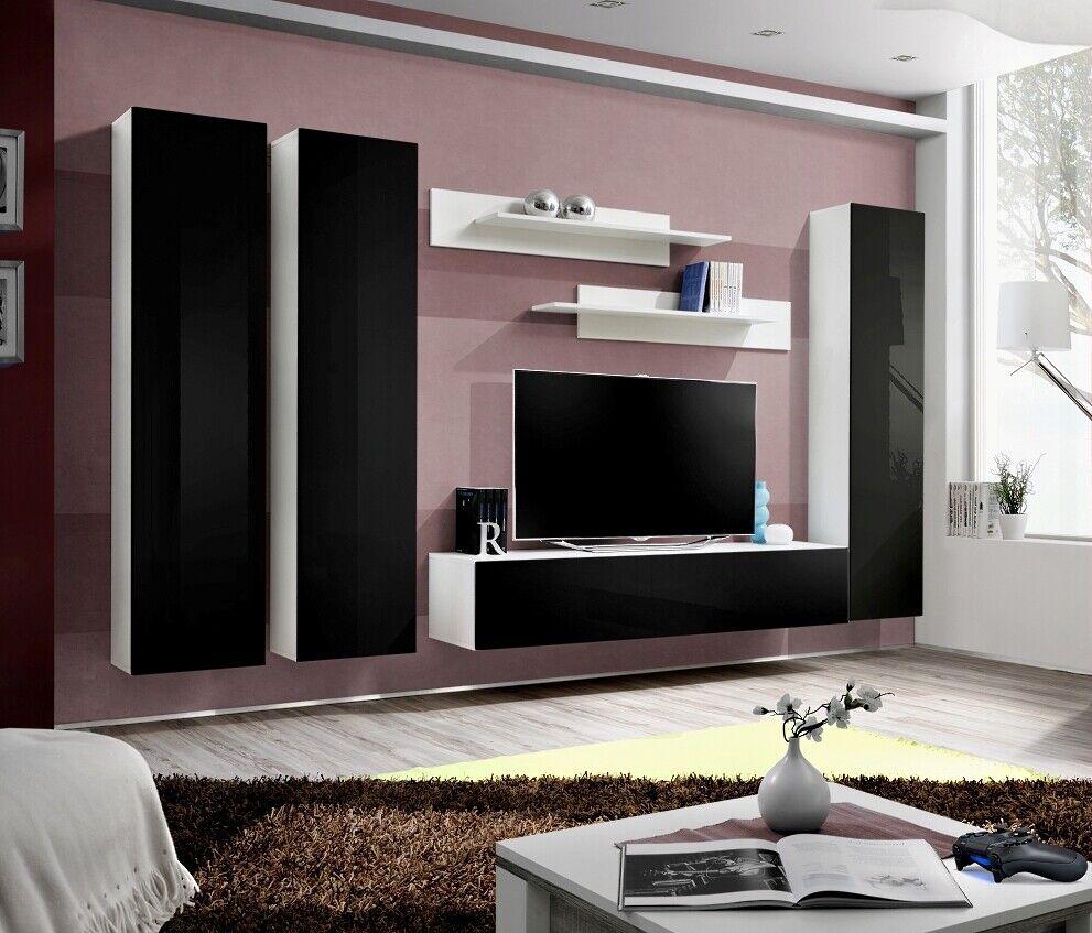 Set Wohnwand Wohnzimmer Wand Regale Schwarz TV Ständer Lowboard