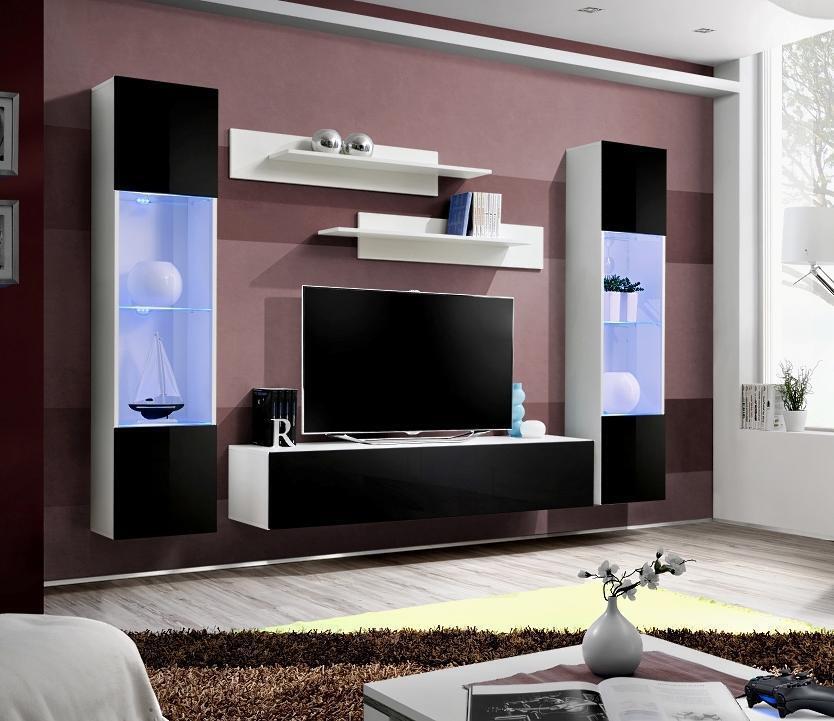 Schwarz Wohnwand Wohnzimmer Designer Modern Möbel TV Ständer