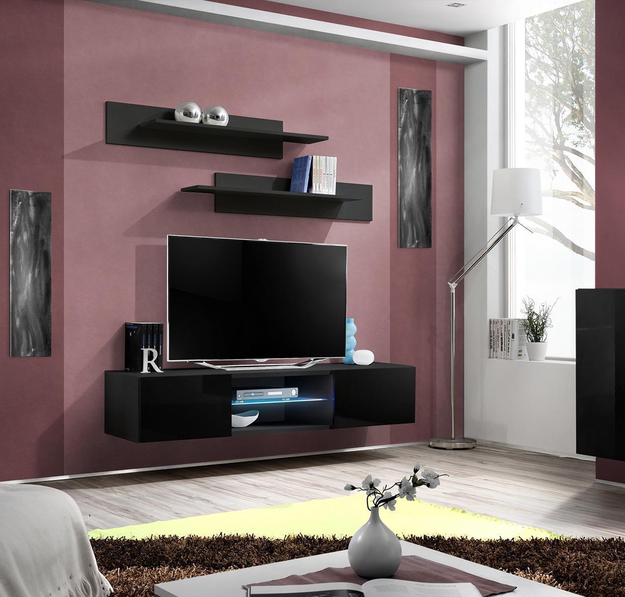 Schwarz Wohnwand Wandregale Set 3 tlg TV Ständer Wohnzimmermöbel