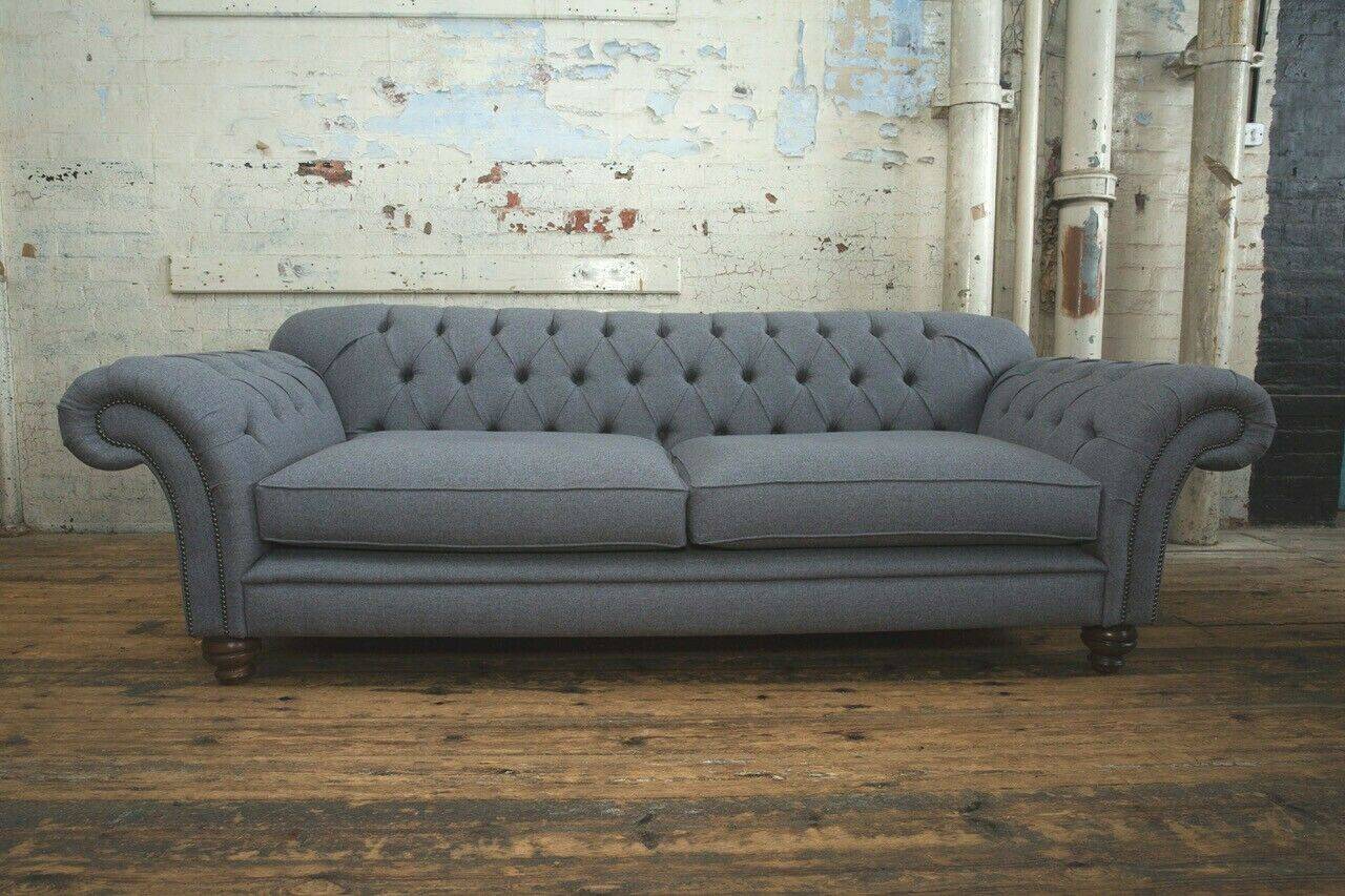 klassische Sofa Chesterfield Couch 4 Sitzer Couchen Samt Leder Design Grau 240cm