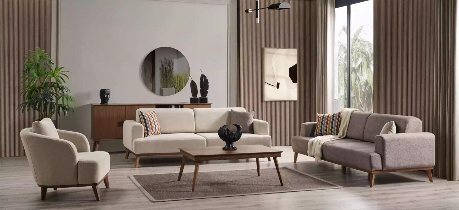 Sofagarnitur Sitzer Sofa Sessel Gruppe Set 4tlg Beige Möbel Neu