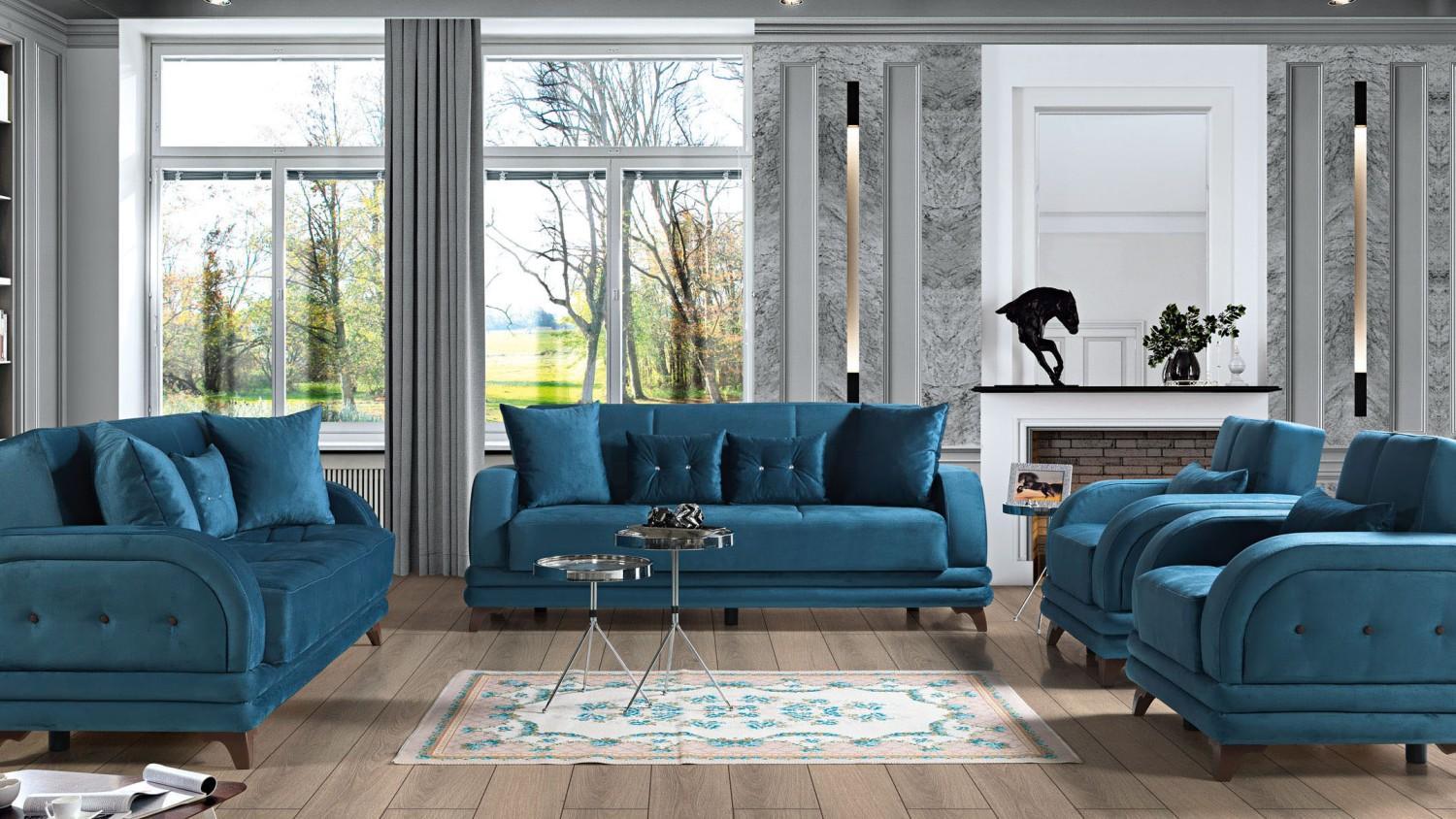 Sofagarnitur 3+2+1+1 Holz Wohnzimmer Luxus Sofa Modern Stoff Komplett Modern