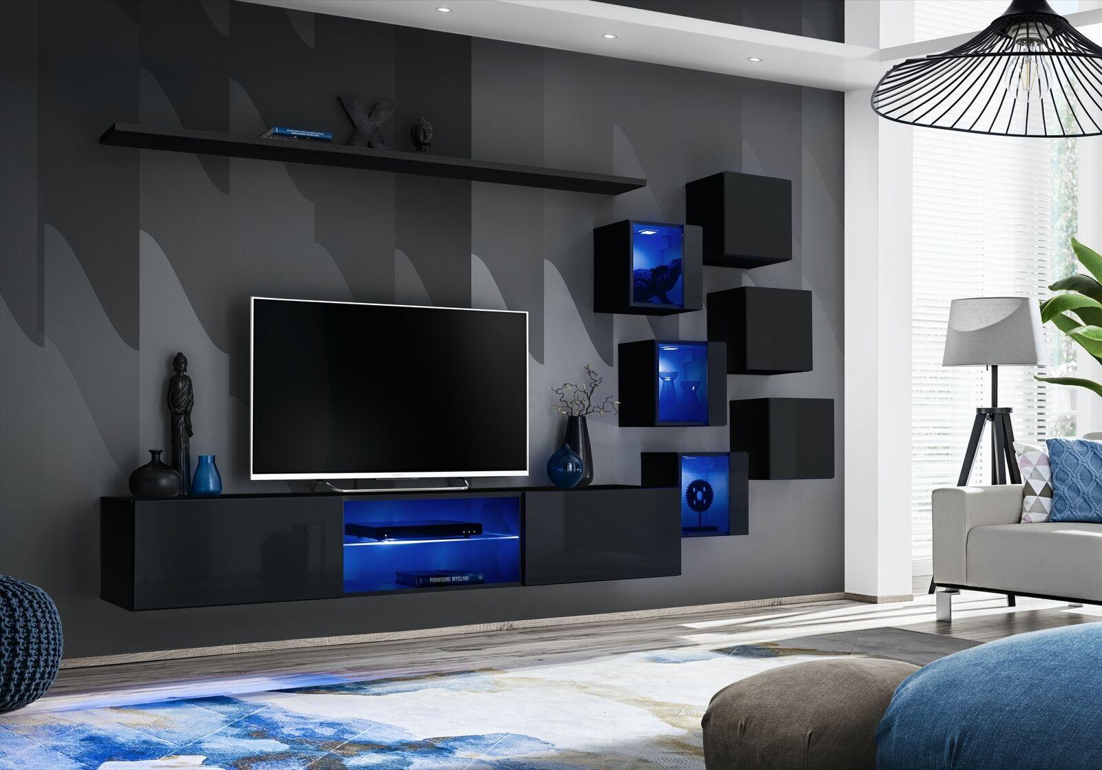 Schwarz Komplett Set Wohnwand Luxus Holzmöbel Designer Modern Wandschrank