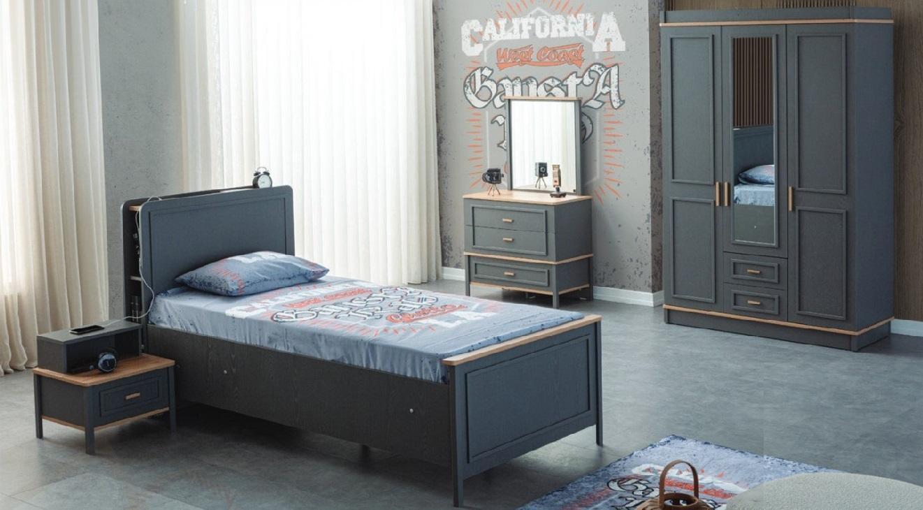 Kinderbett Kinderzimmer Kindermöbel Garnitur Bett Grau Holz Set 5tlg