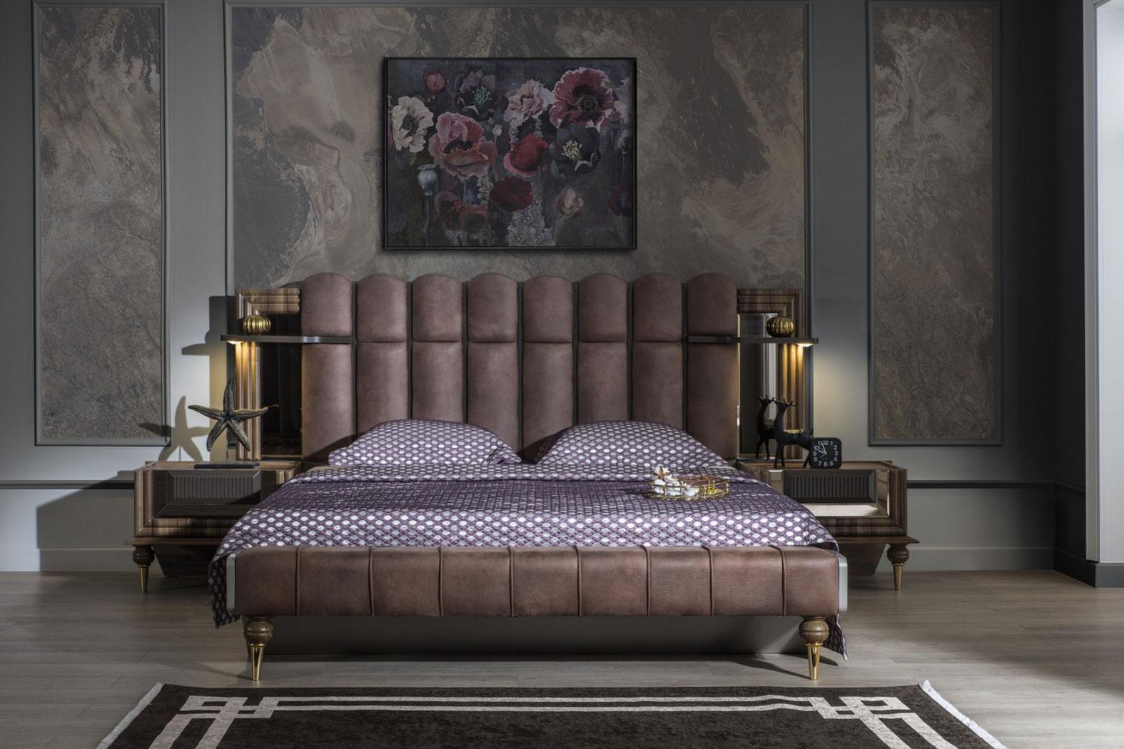 Komplette Schlafzimmermöbel Doppelbett Braun Stoff Bett Set 3tlg Nachttische