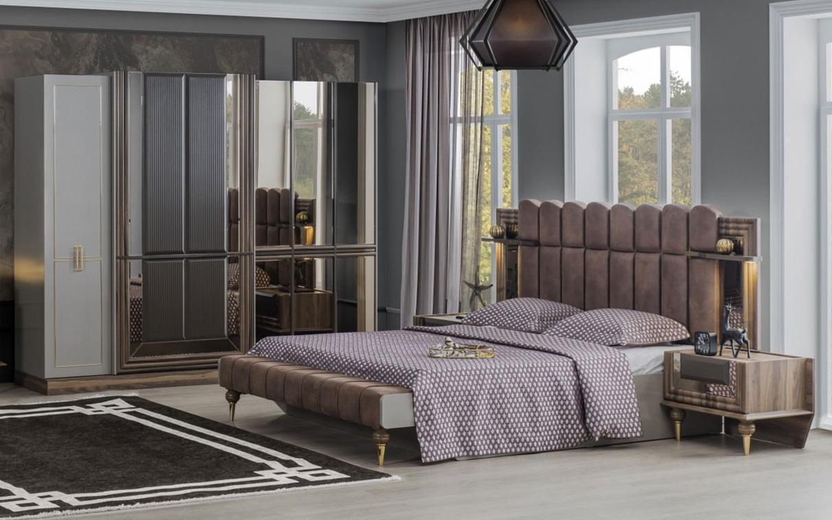 Schlafzimmer Garnitur Luxus Doppelbett Holz Braun Stoff Bett Set 4tlg