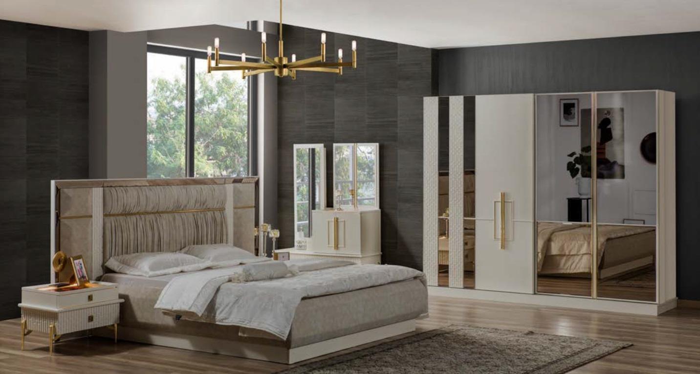 Doppelbett Schlafzimmer Garnitur Holz Beige Stoff Nachttische Set 4tlg