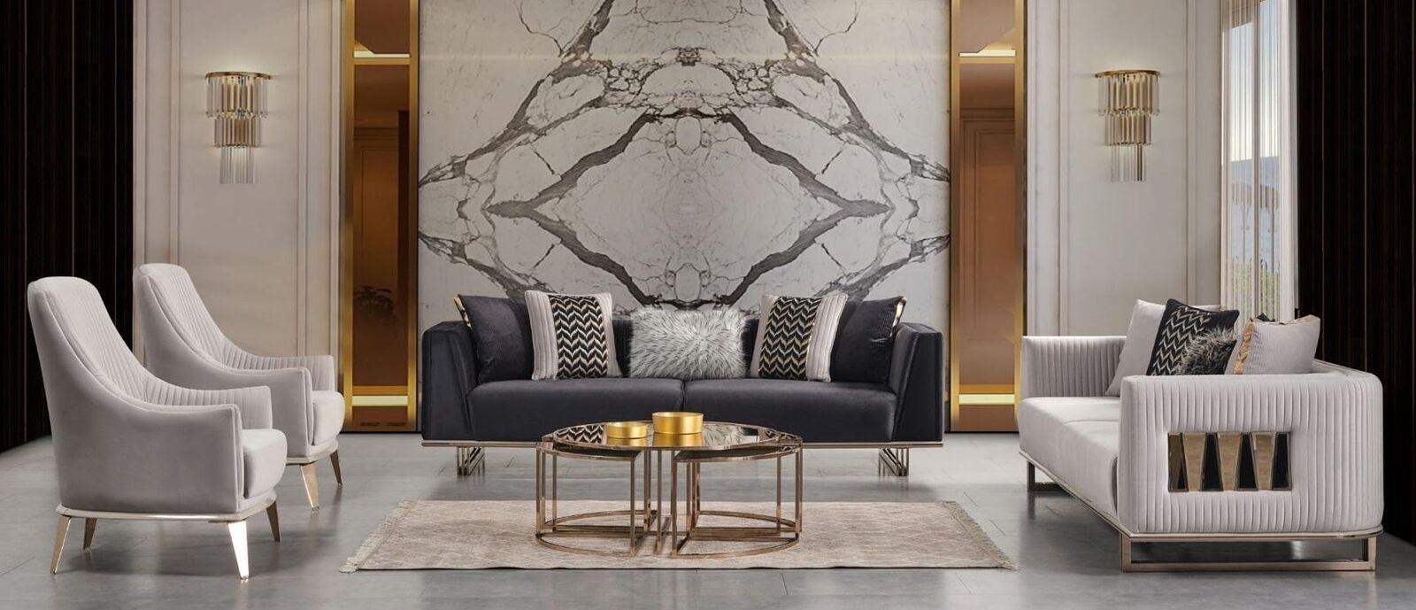 Sofagarnitur Couchgarnitur Dreisitzer Sessel Grau Stoffsofa Set 3tlg