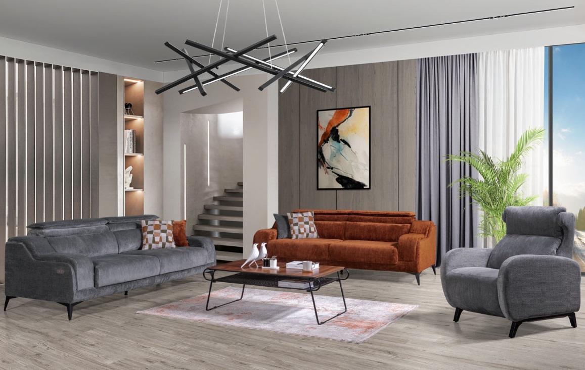 Grau-Orange Wohnzimmer Sitz Möbel Exklusiver 3-Sitzer Luxus Einsitzer