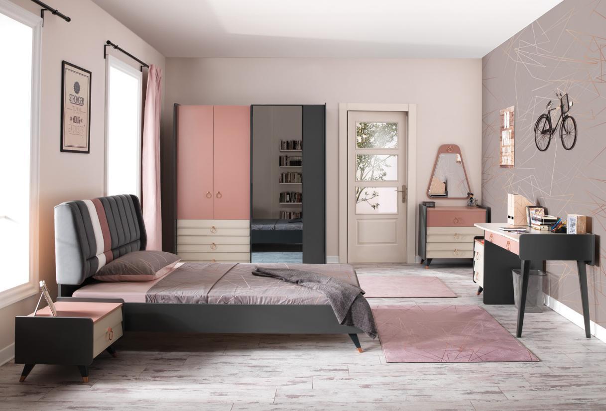 Schlafzimmer 6tlg Bett Nachttisch Kleiderschrank Kommode Spiegel Schreibtisch
