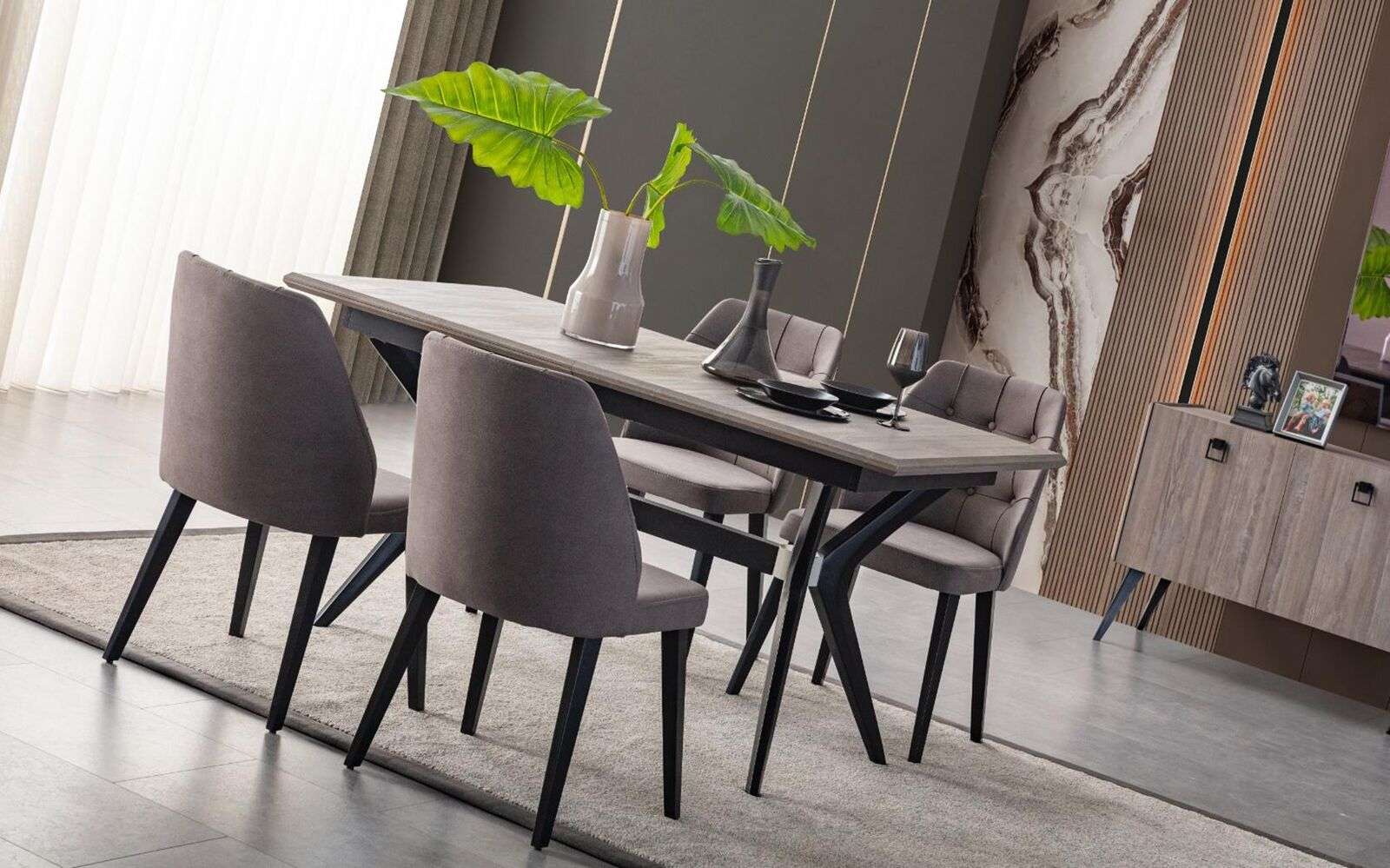 Essecke Garnitur Esszimmer Essgruppe Esstisch Stühle Holz Grau 7tlg