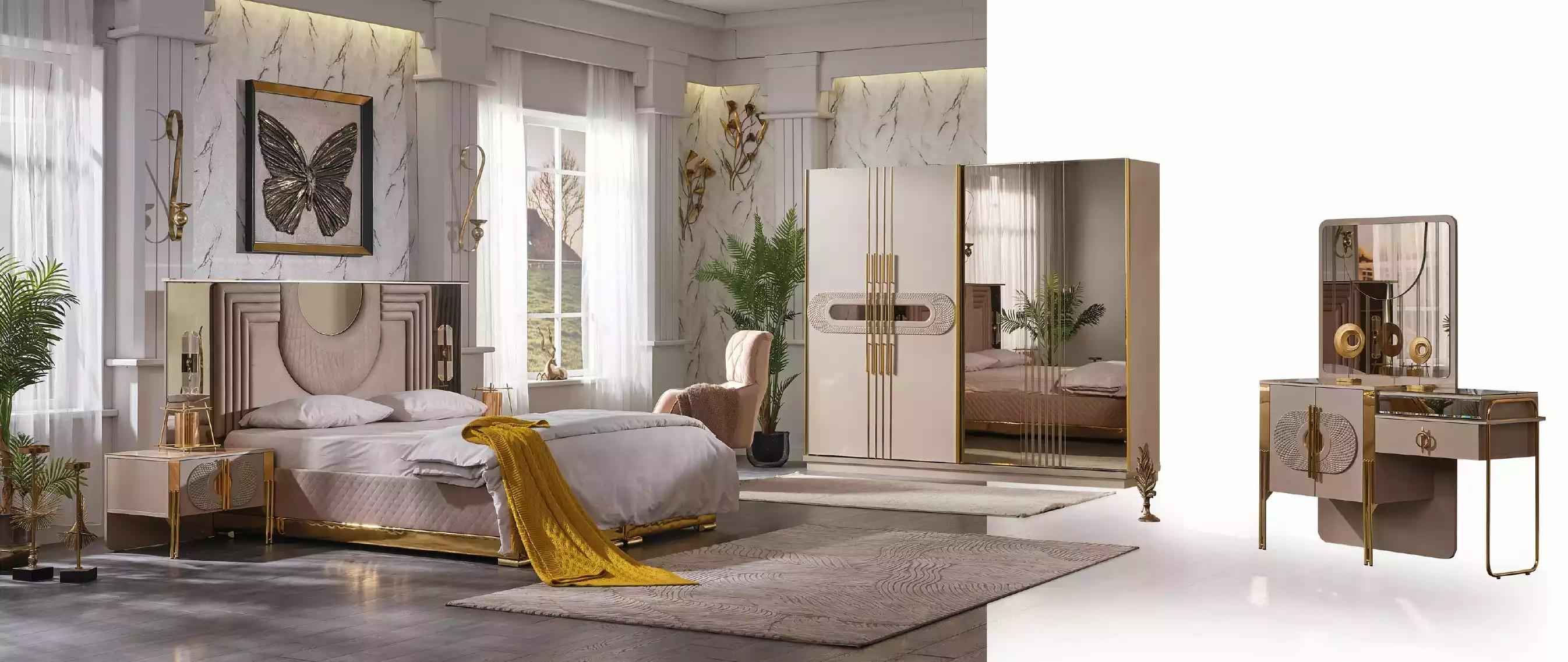Beiges Schlafzimmer Set Bett 2x Nachttische Kleiderschrank Schminktisch