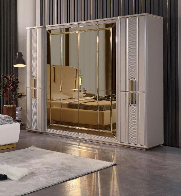 Luxus Kleiderschrank Holzschrank Garderobenschrank mit Spiegel Beige