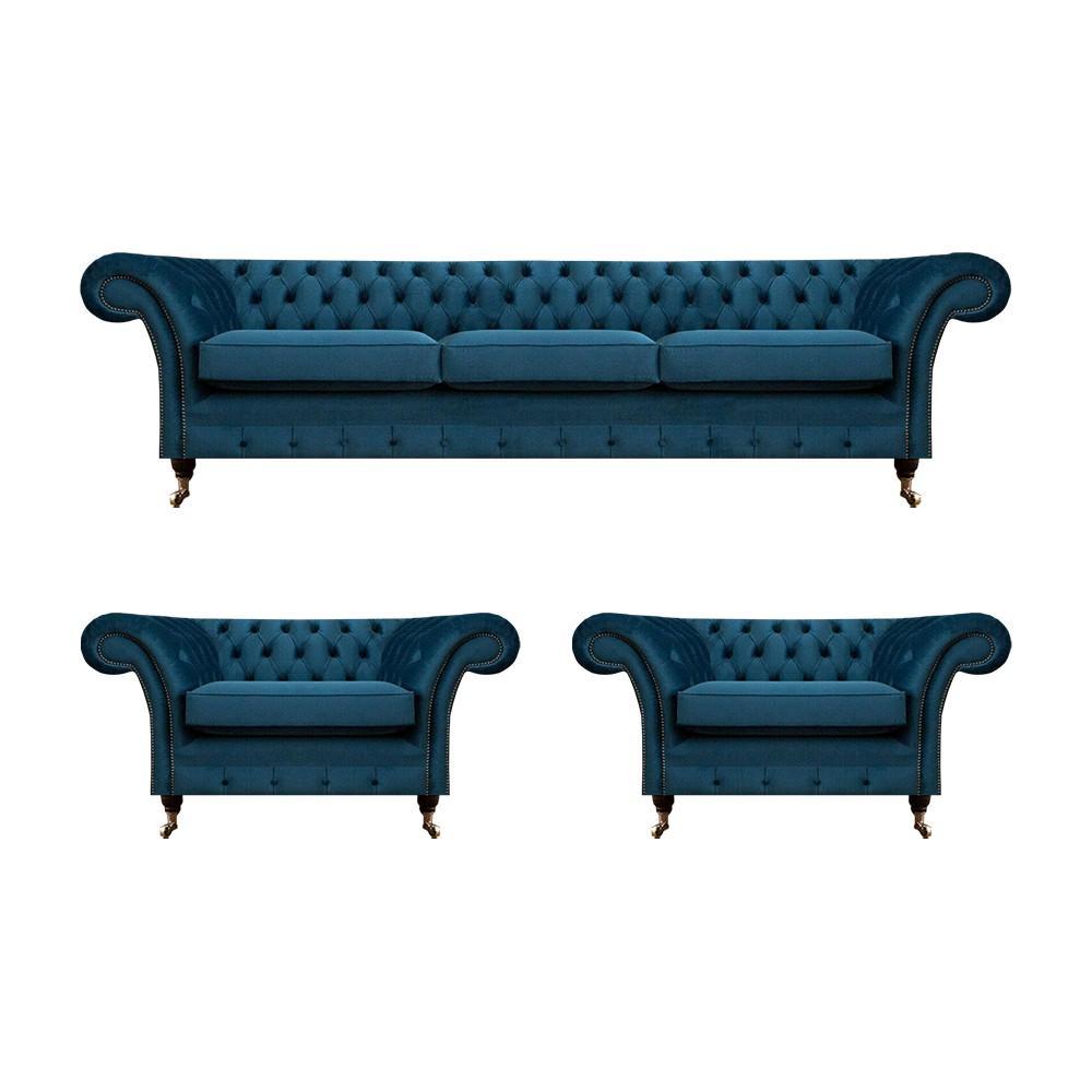 Luxus Blau Wohnzimmer Set Chesterfield Einrichtung Polstermöbel Sofas Textil