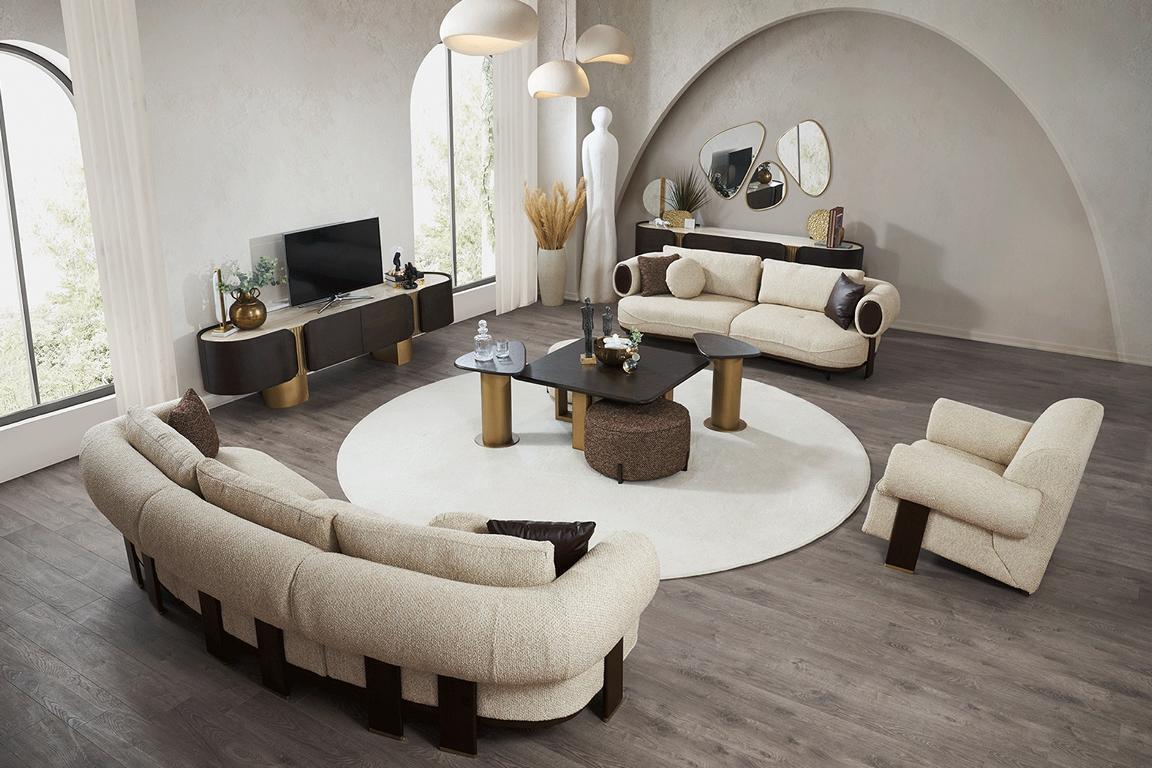 Weiße Wohnzimmer Sofagarnitur 2x Beistelltische 2x Hocker Luxus Couchen