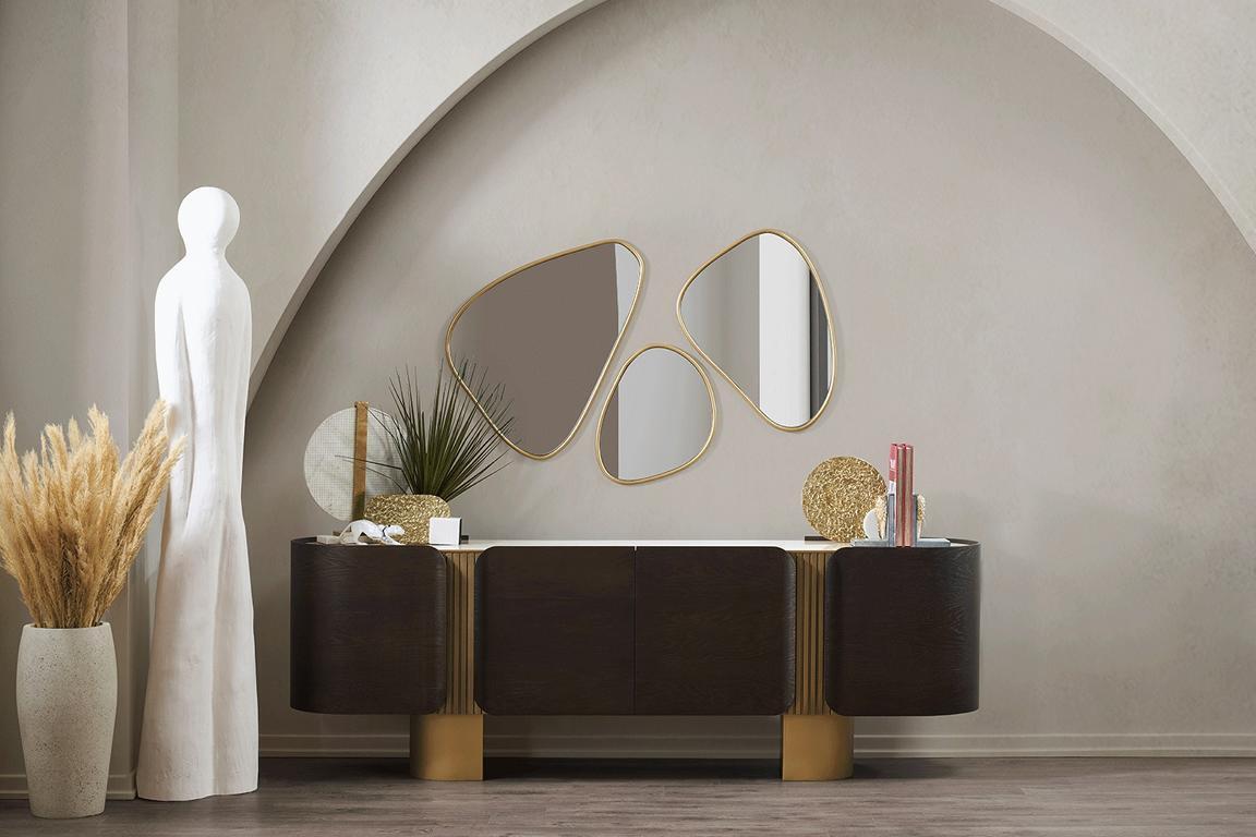 Modernes Schwarz-Goldenes Sideboard Designer Spiegel Luxus Kommode 2tlg