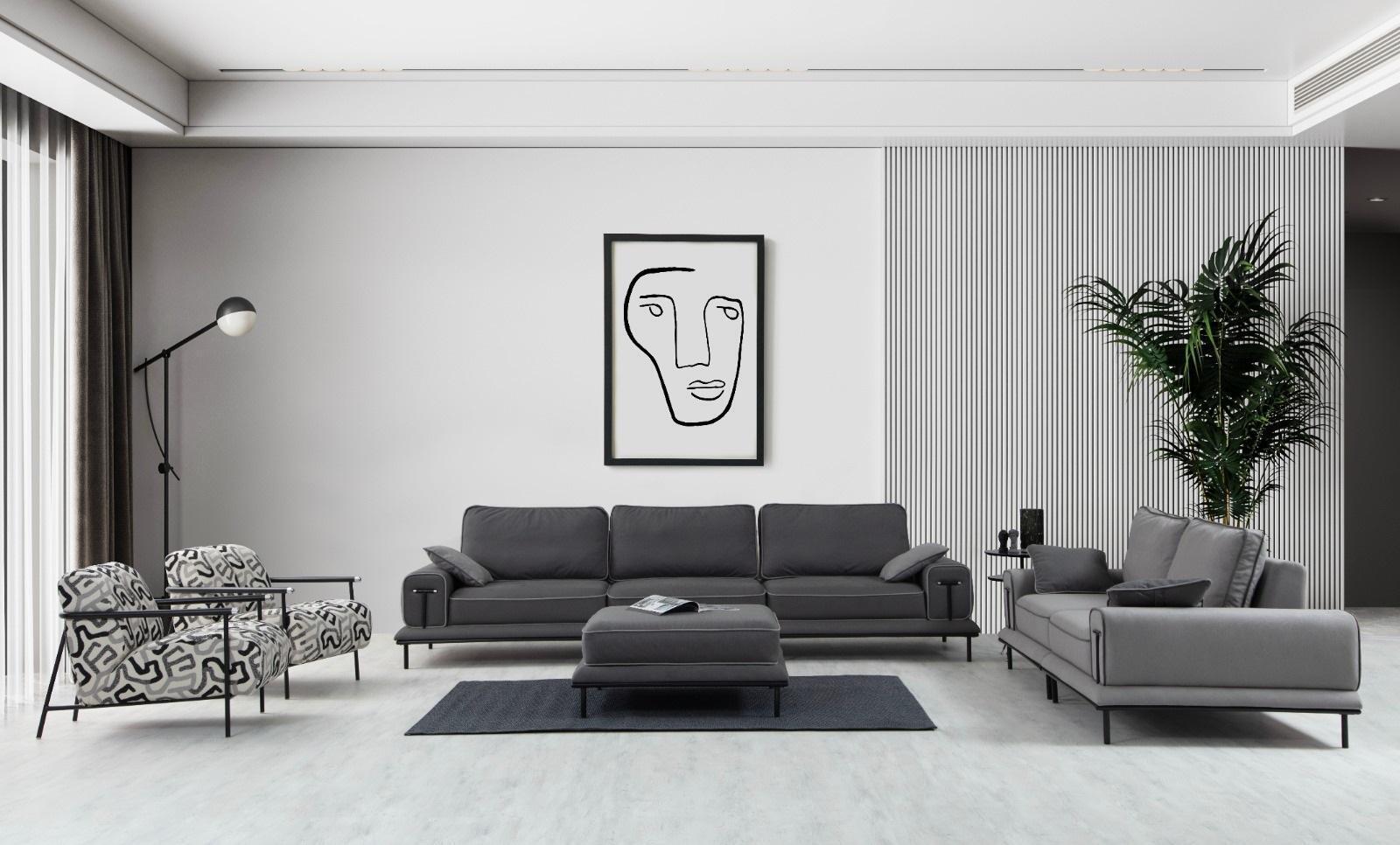 Stilvolle Graue Sofagarnitur Designer Wohnzimmer Viersitzer Luxus Hocker