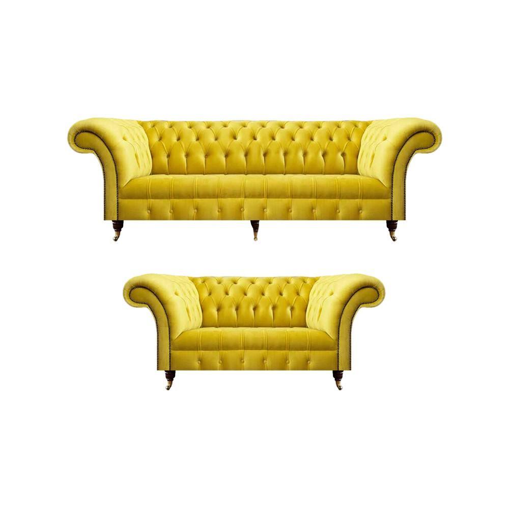 Wohnzimmer Gelb 2x Sofas Dreisitze mit Zweisitzer Couch Textil Chesterfield