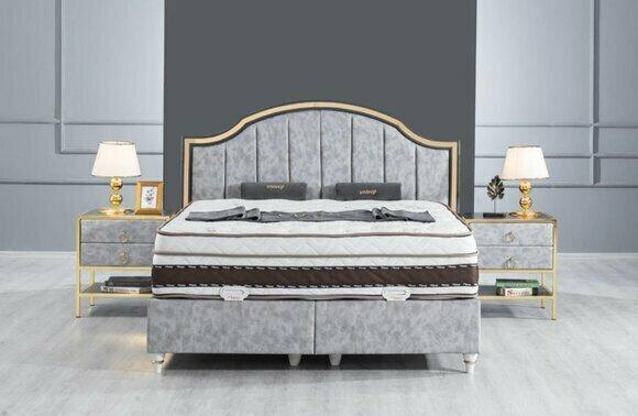 Schlafzimmer Set Bett Grau Metall Stoff Design Luxus 2x Nachttische 3tlg. Neu