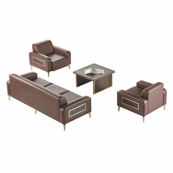 Arbeitszimmer-Set 4tlg 3-Sitzer 2x Sessel Couchtisch Braun Wohnzimmer