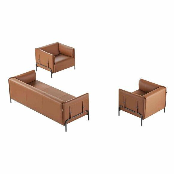 Bürositzmöbel-Set 3tlg 3-Sitzer mit 2x Sessel Arbeitszimmer Braun Farbe