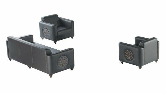 Arbeitszimmer-Set 3tlg 3-Sitzer mit 2x Sessel Schwarz Wohnzimmer Modern