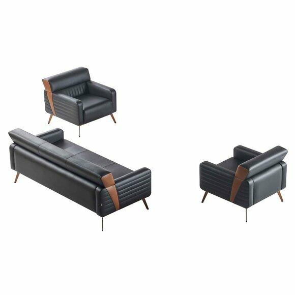 Arbeitszimmer Set 3tlg 3-Sitzer 2x Sessel Schwarz Einfarbig Modern Stil