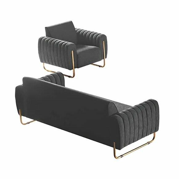 Stoffsofas 2tlg Arbeitszimmer Set 3-Sitzer mit Sessel Grau Einfarbig