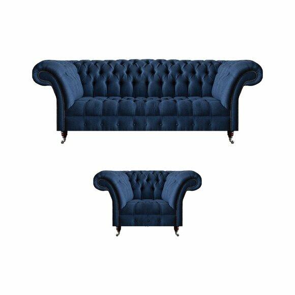 Dunkelblaue Wohnzimmer 3-Sitzer Couch Designer Lehnsessel Edler 2tlg Set