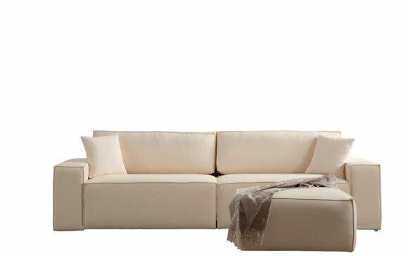 Stilvoller Beiger Viersitzer Exlusiver Polster Hocker Wohnzimmer 2tlg Set