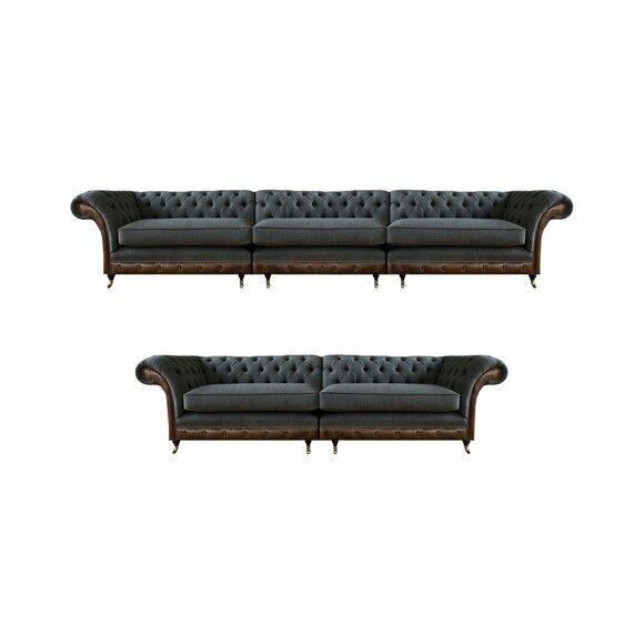 Dunkelgraue Chesterfield Wohnzimmer Sitzgarnitur 2x Sofas Polstermöbel